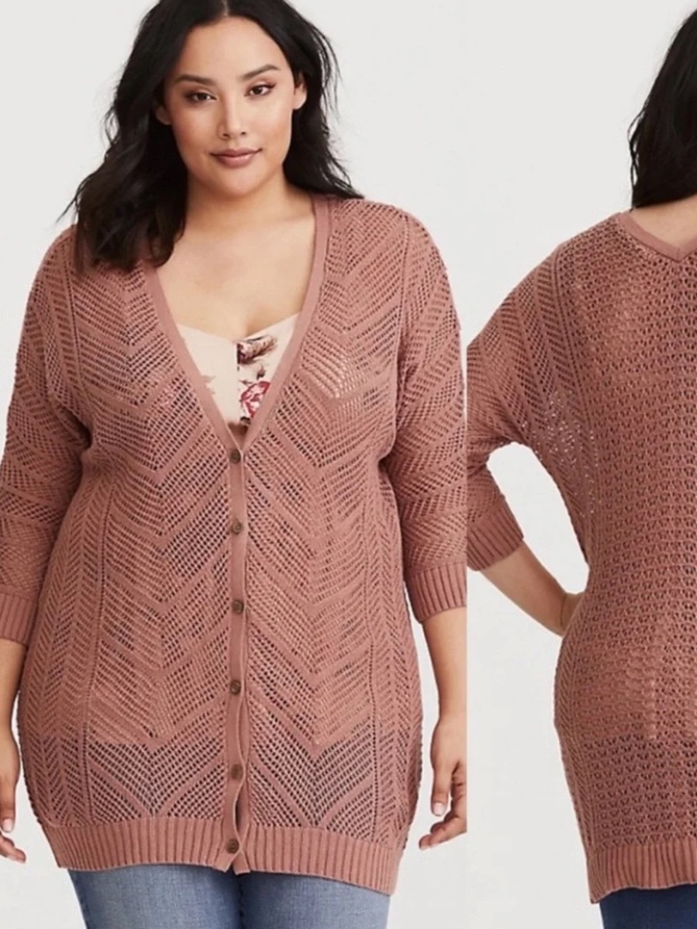 Torrid Blush Pink Open Knit Long Line Button Front Cotton Cardigan Size 1X